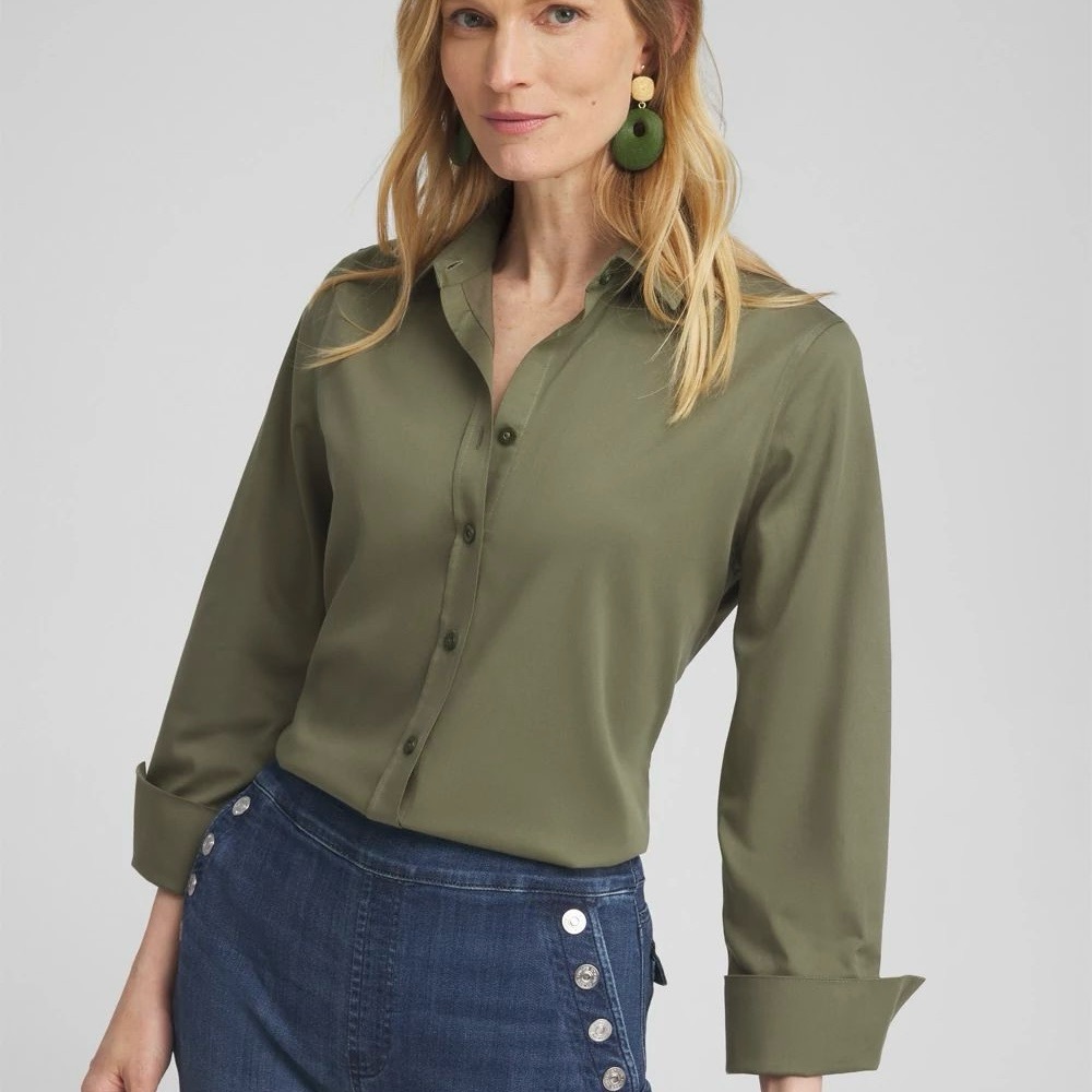 Chico’s Olive Army Green Button Up Long Sleeve Collared Shirt Blouse Top size 1P
